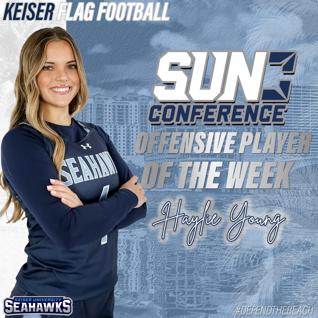 Completing 82.5 percent of her passes while tallying an astounding 16 touchdowns, senior Haylie Young was named this week's Sun Conference Flag Football Offensive Player of the Week

#DefendTheBeach