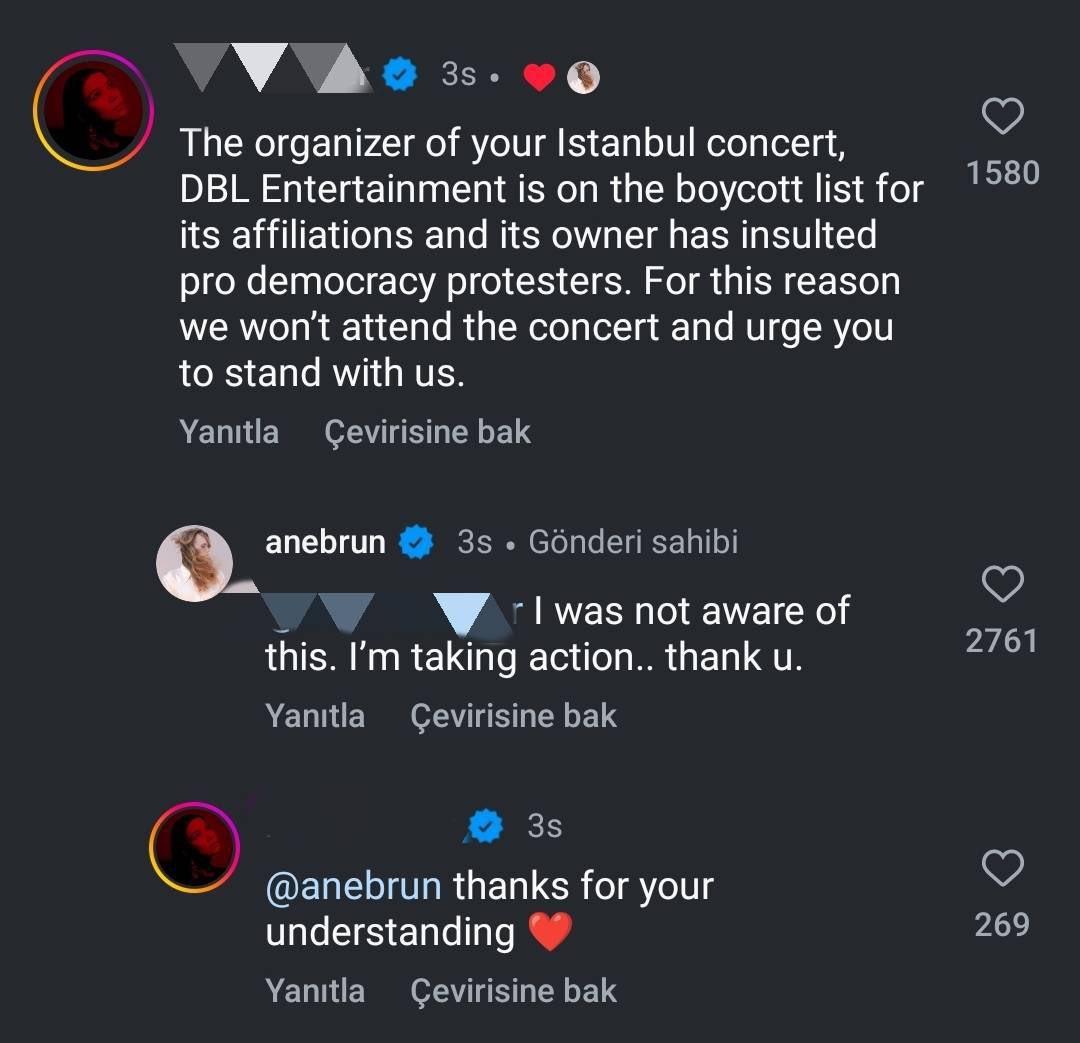 ❗️Boykot yapanlara "vatan haini" diyen Abdülkadir Özkan'ın şirketi DBL Entertainment'in sponsorluğunda Türkiye'de konser verecek olan Ane Brun, Türk hayranlarının uyarılarına cevap verdi: 

"Farkında değildim. Öğrencileri destekliyorum. Harekete geçiyorum.”