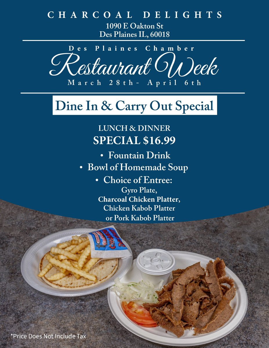 It's the Des Plaines Chamber Restaurant Week and Charcoal Delights in Des Plaines has a Special Menu made just for you.

Check out their DPC Restaurant Week Lunch and Dinner Specials and Let's Eat!

#desplaines #restaurantweek
