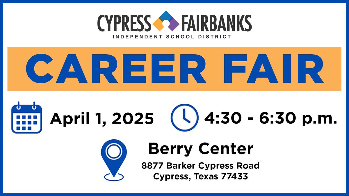 The <a href="/CFISD_HR/">CFISD - HR</a> #CFISDCareerFair is tomorrow, April 1, from 4:30-6:30 p.m. at the <a href="/BerryCenter/">Berry Center</a>! Learn more and register: buff.ly/u4IQ0bT. #CFISDspirit