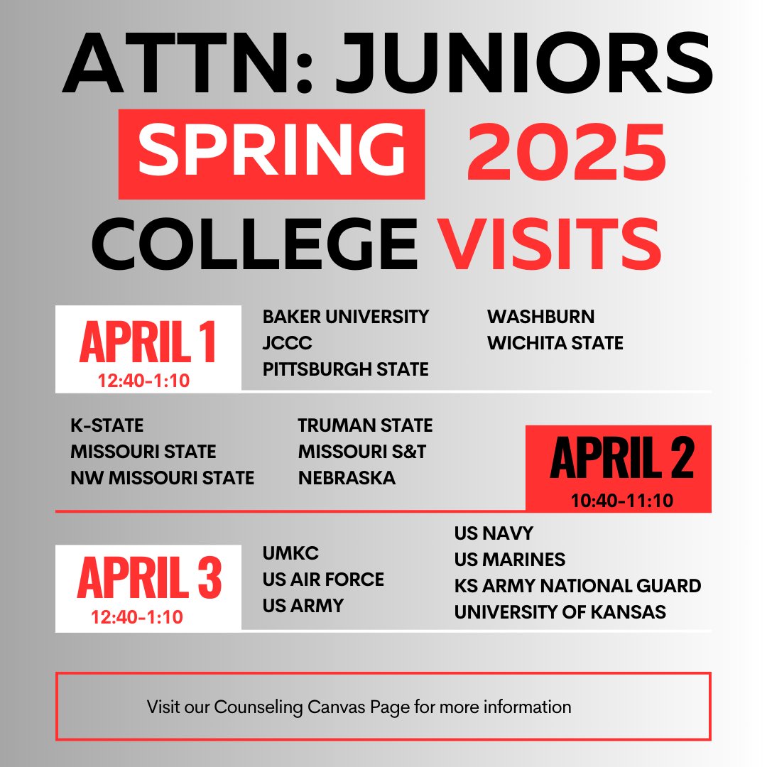 JUNIORS: Don't miss out on an opportunity to visit with reps from regional universities as well as military branches! Check the dates and sign up today!