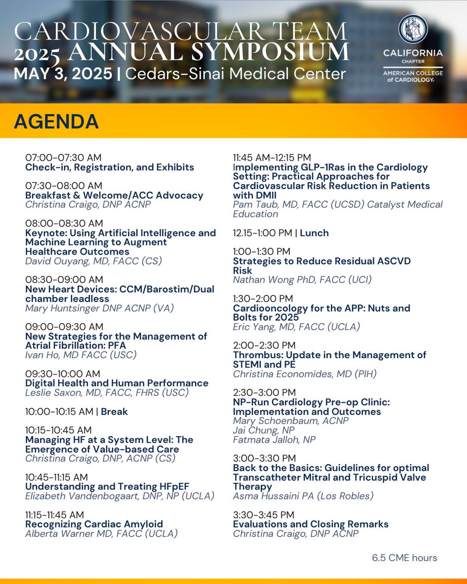 🚨 Don’t miss the California ACC Cardiovascular Team 2025 Annual Symposium!

🗓️ May 3, 2025
📍 Cedars-Sinai Medical Center, LA

Gain insights, connect with peers &amp; stay ahead in cardiovascular care. Register now: caacc.org/calendar/

#HealthcareEducation #Cardiology