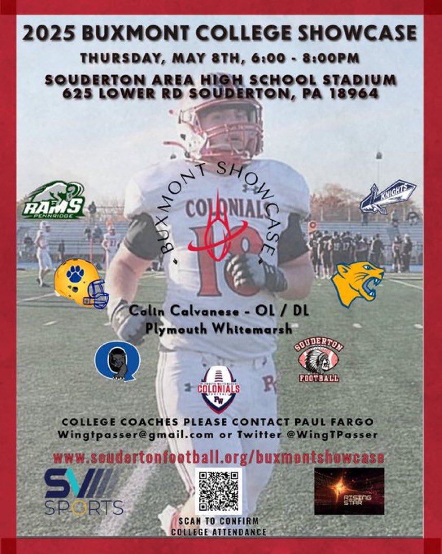 Colin Calvanese (@cjc_highlights) on Twitter photo Looking forward to displaying my talents with other premier PA athletes from the area at the 2025 BUXMONT Showcase on Thursday, May 8th! soudertonfootball.org/buxmontshowcase
<a href="/PARisingStar/">PA Rising Star</a>
<a href="/svsports/">SV Sports</a>
@PRZPAvic
<a href="/PaulRobertsCuse/">Paul Roberts</a>
<a href="/ArtisticMayhem1/">Michael Pietrangelo</a>
<a href="/BadgleyBruce/">Bruce Badgley</a> Looking forward to displaying my talents with other premier PA athletes from the area at the 2025 BUXMONT Showcase on Thursday, May 8th! soudertonfootball.org/buxmontshowcase
<a href="/PARisingStar/">PA Rising Star</a>
<a href="/svsports/">SV Sports</a>
@PRZPAvic
<a href="/PaulRobertsCuse/">Paul Roberts</a>
<a href="/ArtisticMayhem1/">Michael Pietrangelo</a>
<a href="/BadgleyBruce/">Bruce Badgley</a>