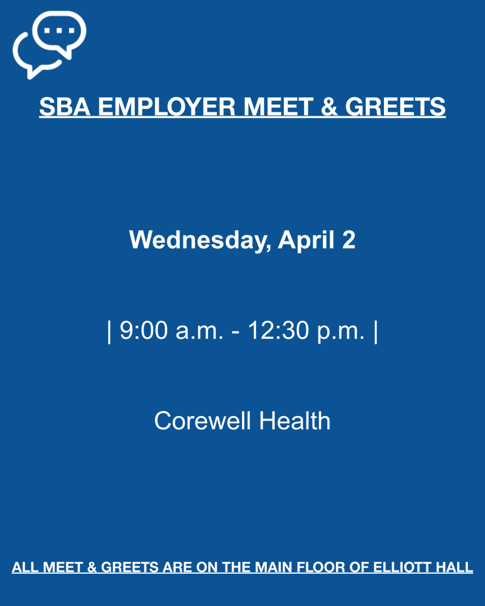 🌟 Join us for a Meet and Greet with this awesome employer this week: Corewell Health: Wed., Apr. 2 from 9 a.m. - 12:30 p.m. Swing by Elliott Hall to network, explore job opportunities and advance your career! 🙌 #CareerandLifeDesign #ThisIsOU #BeGolden