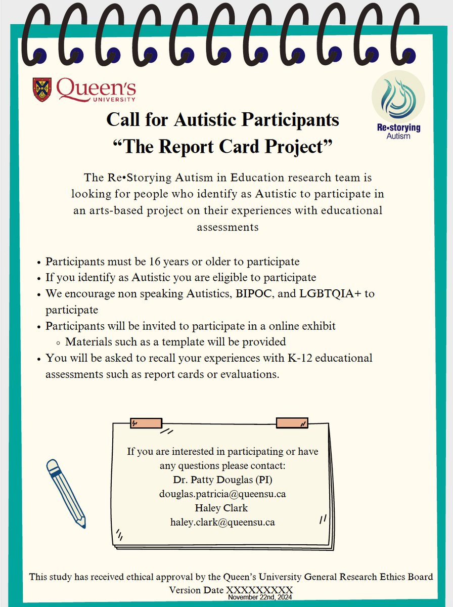 The Re Storying Autism Collective is recruiting autistic individuals 16 years of age or older to participate in an online exhibit sharing their experiences of k-12 educational assessments or report cards!

Text version: docs.google.com/document/d/193…