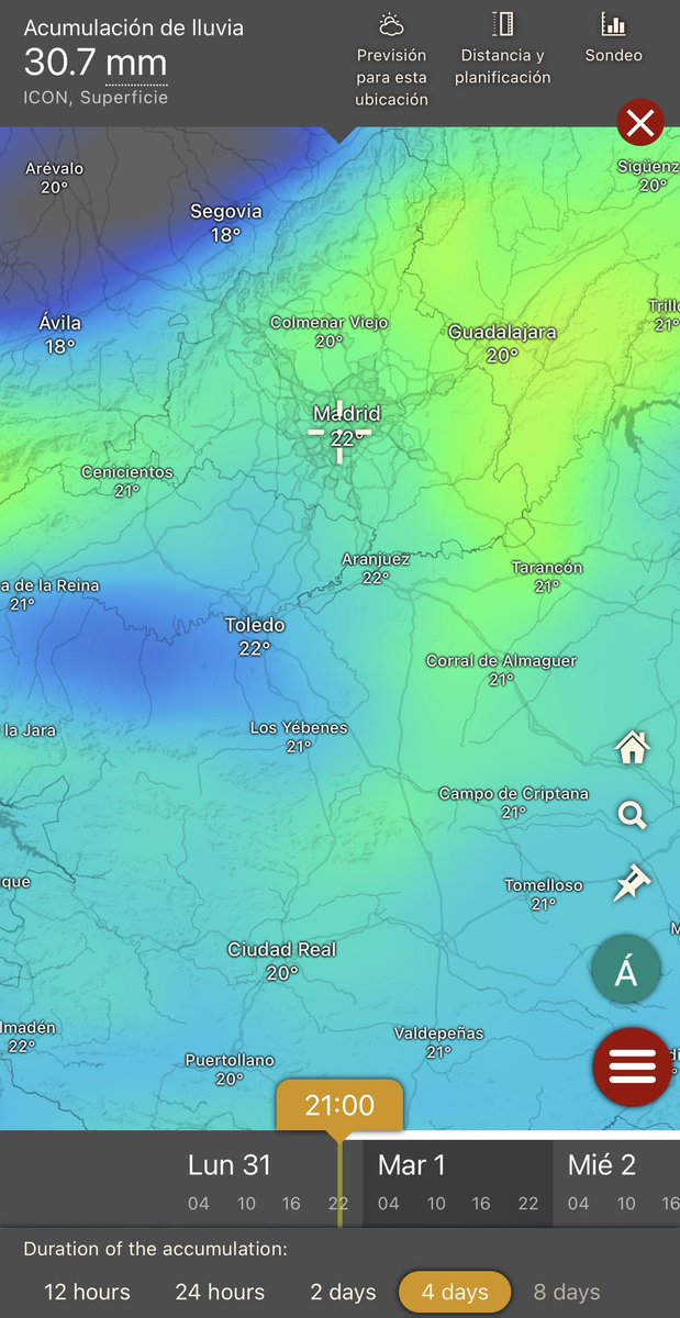 alvaroexplora's tweet image. 🌡️ Tras una mínima de 8,7°, hemos alcanzado una máxima de 21,1° ☀️ en el sureste de la capital. #marzo2025
La lluvia nos volverá a visitar esta primera semana de abril 🌧️ modelos ECMWF/GFS/ICON: