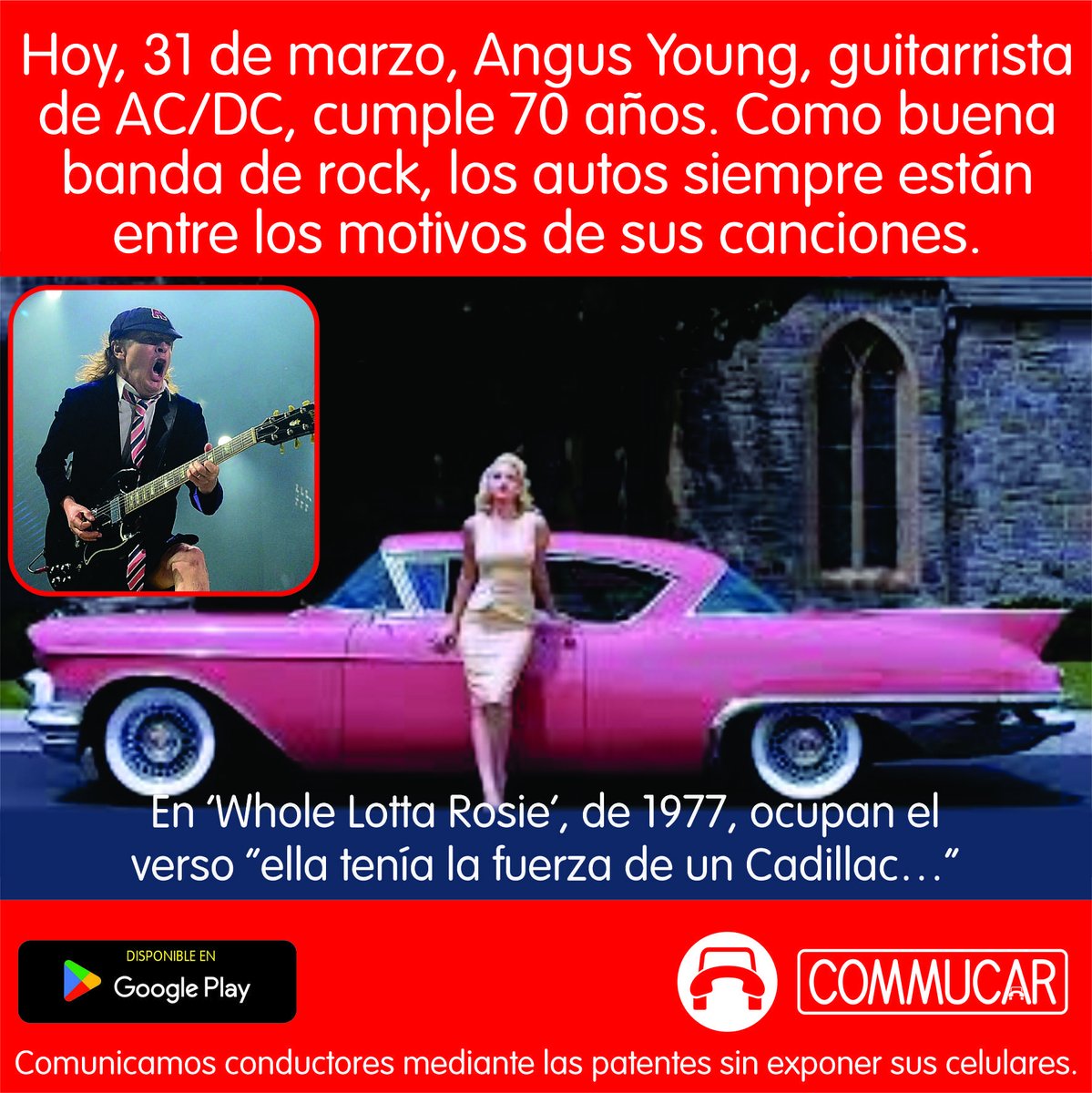commucar's tweet image. AC/DC debe ser una de las bandas cuya música más motiva a manejar. Y hoy, 31 de marzo, su guitarrista cumple 70 años. Le mandamos un abrazo, mientras reiteramos nuestro compromiso por cuidar cada día más la seguridad de los automóviles de todos los conductores.