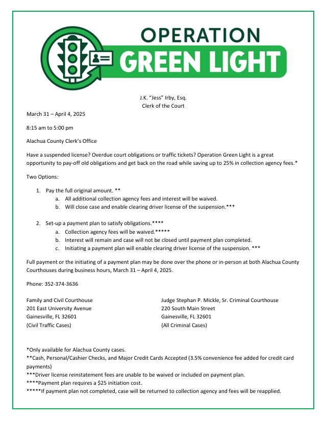 🚦Operation Green Light has begun! Clear your court costs today and have your collection fees waived. It's time to get your license back!🚗 For more information, visit the links below:
duvalclerk.com/news/operation… 
flclerks.com/page/greenlight