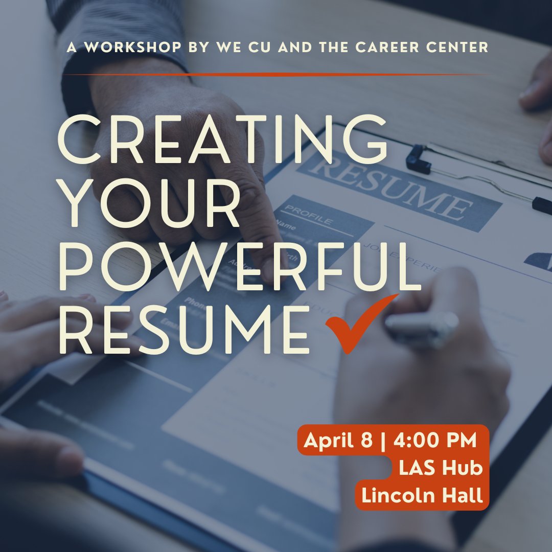 📢@Uoflllinois students! Register now for Creating Your Powerful Resume, a workshop by We CU and <a href="/UoICareerCenter/">The Career Center</a> on April 8th @ 4 PM. We’ll cover how to highlight your service work in your resume, and how to make your application stand out! Learn more at go.illinois.edu/PowerfulResume….