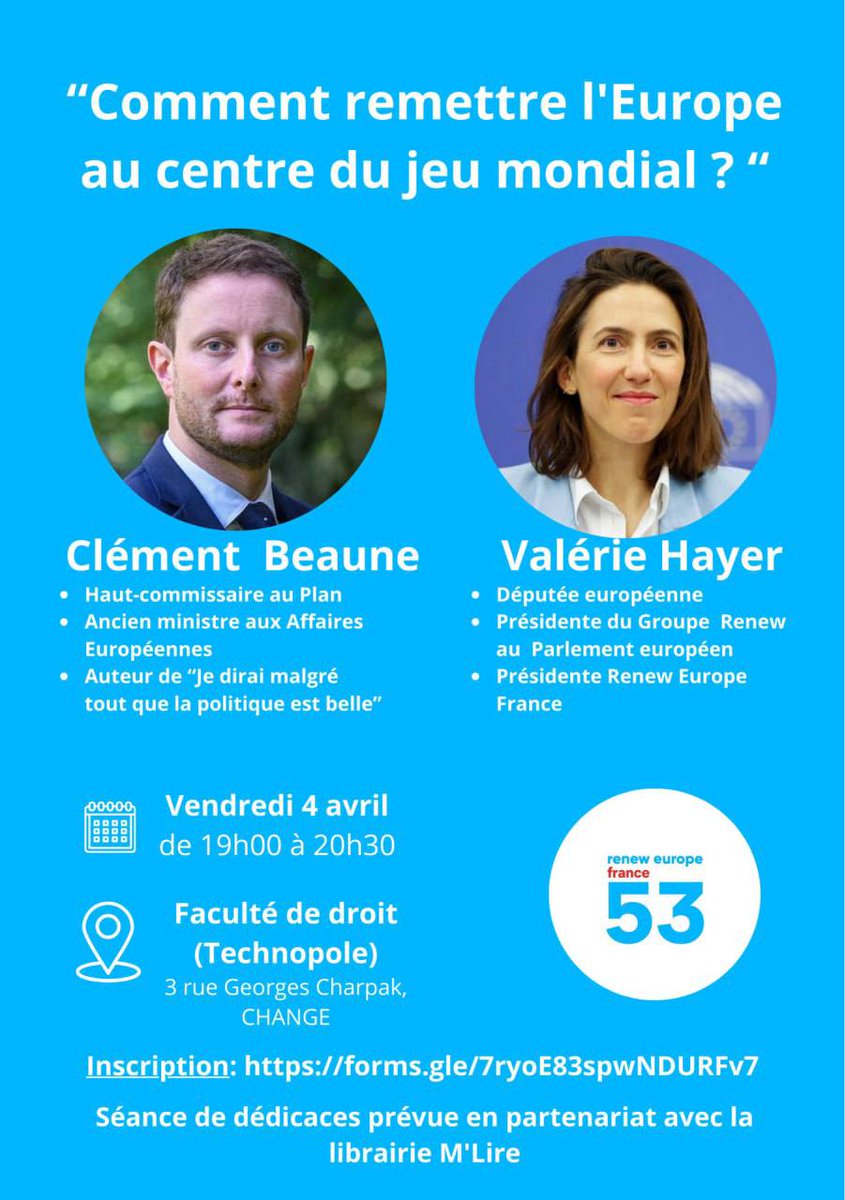 RenaissanceUE53's tweet photo. J-4 avant notre grand rdv avec @CBeaune et @ValerieHayer. 
Venez débattre avec nos deux invités autour des questions de souveraineté européenne. 🇪🇺
Nous vous attendons nombreux à la faculté de droit vendredi 4 avril à 19h. 
▶️ Pour vous inscrire : 
https://t.co/jksWuCePdA https://t.co/6DRPZaV0au