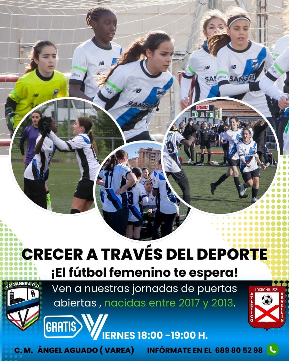 "¡Un viernes más, una nueva oportunidad! ⚽✨ 

Este viernes tenemos una nueva sesión de fútbol femenino. 👧

Si quieres disfrutar, aprender y formar parte ¡te esperamos! ⚽

📍 C.M. Ángel Aguado 
🕖 18:00
📝 forms.gle/cDsd2pdqMGsKkK…

#FútbolFemenino #creciendojuntos #Valvanera