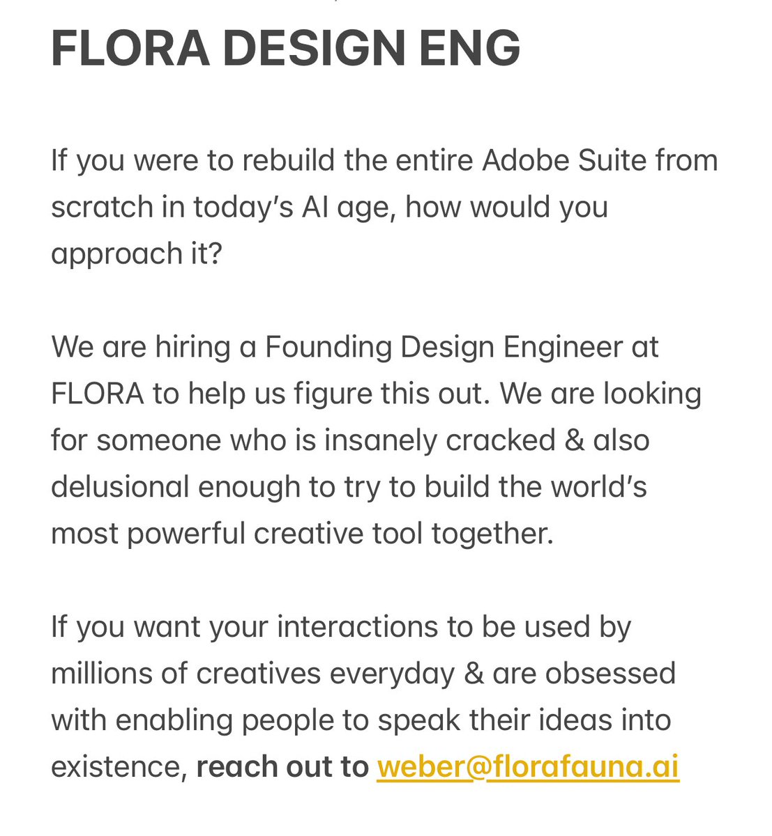 I’m hiring a cracked Founding Design Engineer at FLORA

Reach out if you want to build the next Adobe