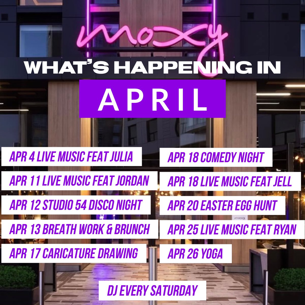 April showers bring Moxy flowers🌺. Here’s what we have planned for you this month!
 🎵 🎸 🪩 💃 🕺🏻 🧘 ✍️ 🎭 🎶 🐰 🎙️🧘‍♀️ 🎧
Apr 4 - 8PM-11PM. Live Music with Julia 🎵
Apr 11 - 8PM-11PM. Live Music with Jordan 🎸
Apr 12 - 9PM-12AM. Diskoteka! Studio 54 Disco Night 🪩 💃 🕺🏻 
Apr 13