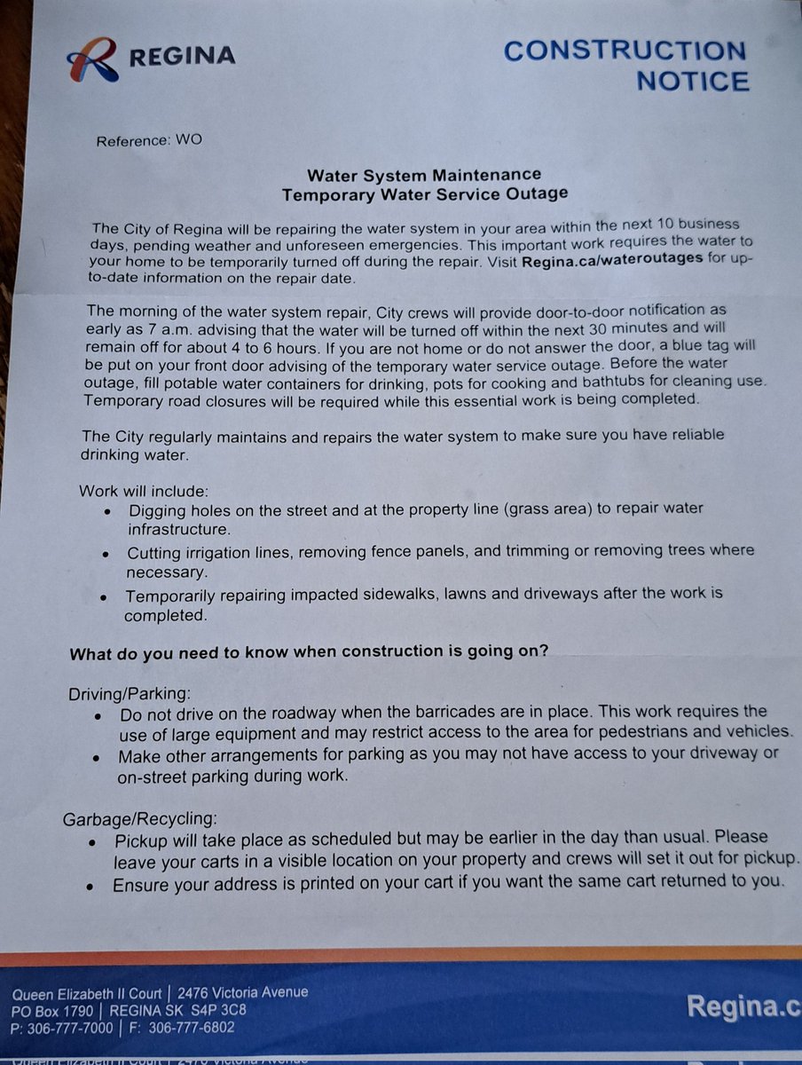 KatFull8's tweet photo. Really annoyed at @CityofRegina. Got a letter notification last week there would be water shut off sometime in the future but they would warn us the morning of.

Woke up with no running water and no word as to how long it will be off for. 😡 https://t.co/cp3QIjOzvV