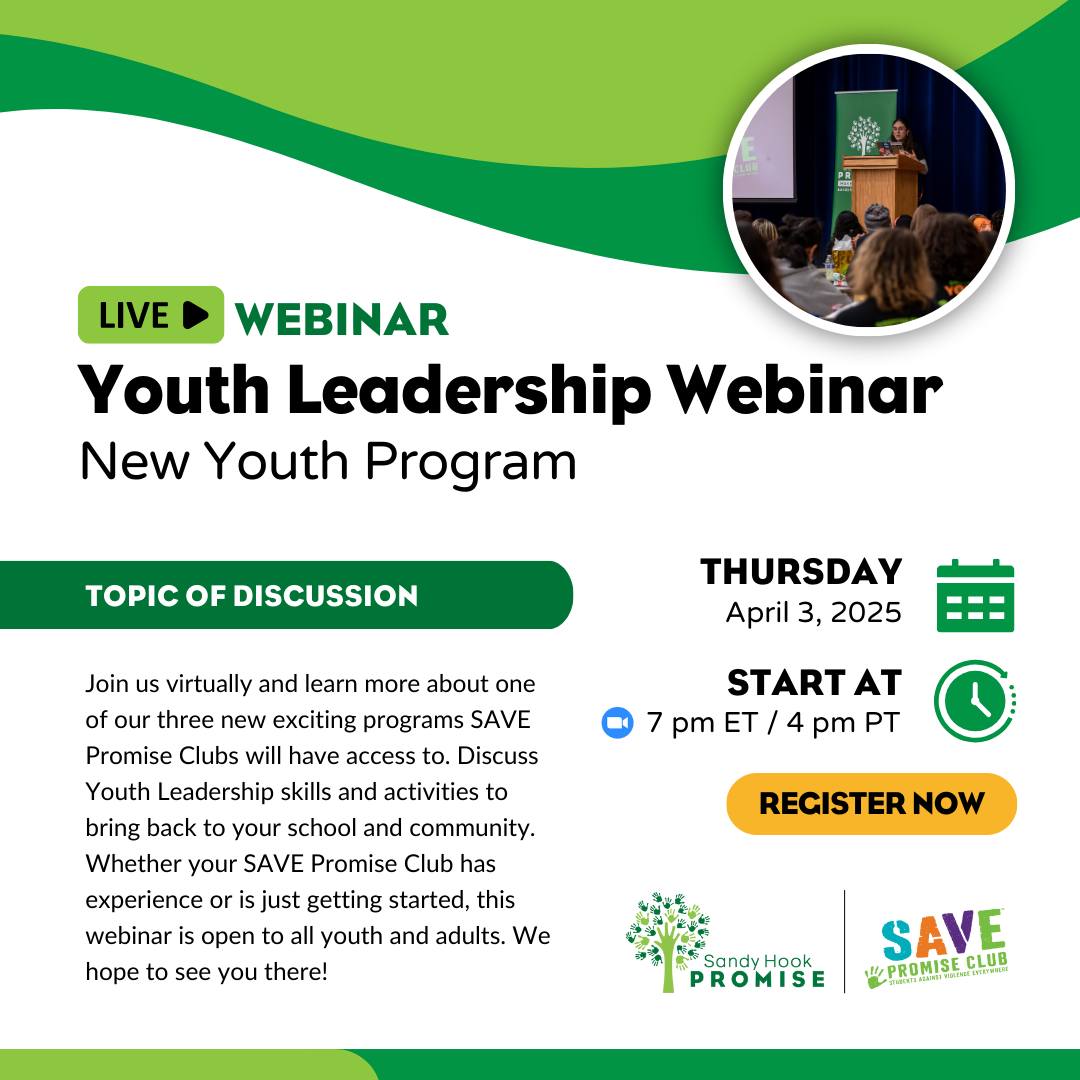 NATIONALSAVE's tweet image. Join us virtually and learn more about one of our three new exciting programs SAVE Promise Clubs will have access to. Whether your #SAVEPromiseClub has experience or is just getting started, this webinar is open to all youth and adults.
Register now: sandyhookpromise.tfaforms.net/4844504&xr44=a…