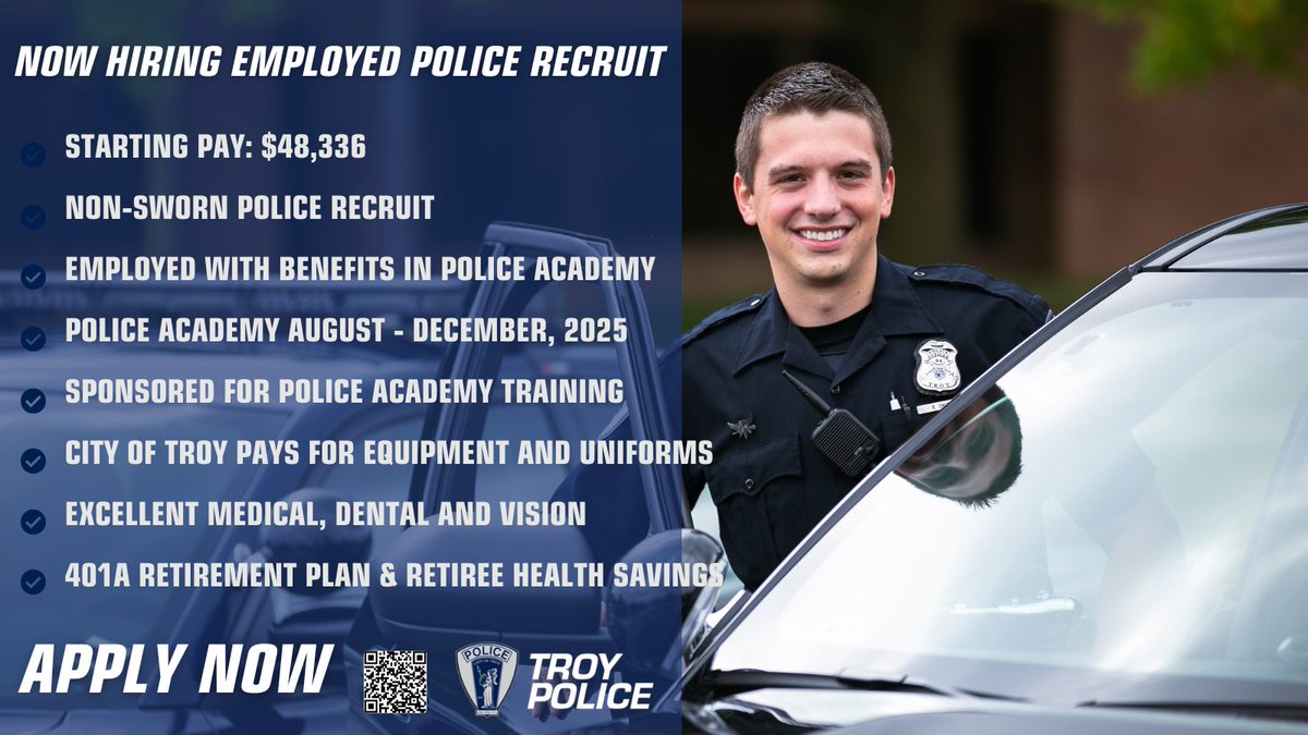 #troypd is now accepting applications for EMPLOYED POLICE RECRUIT

APPLY HERE:
tinyurl.com/azxybf6x

EMPLOYED POLICE RECRUIT CLOSING DATE: APRIL 21, 2025