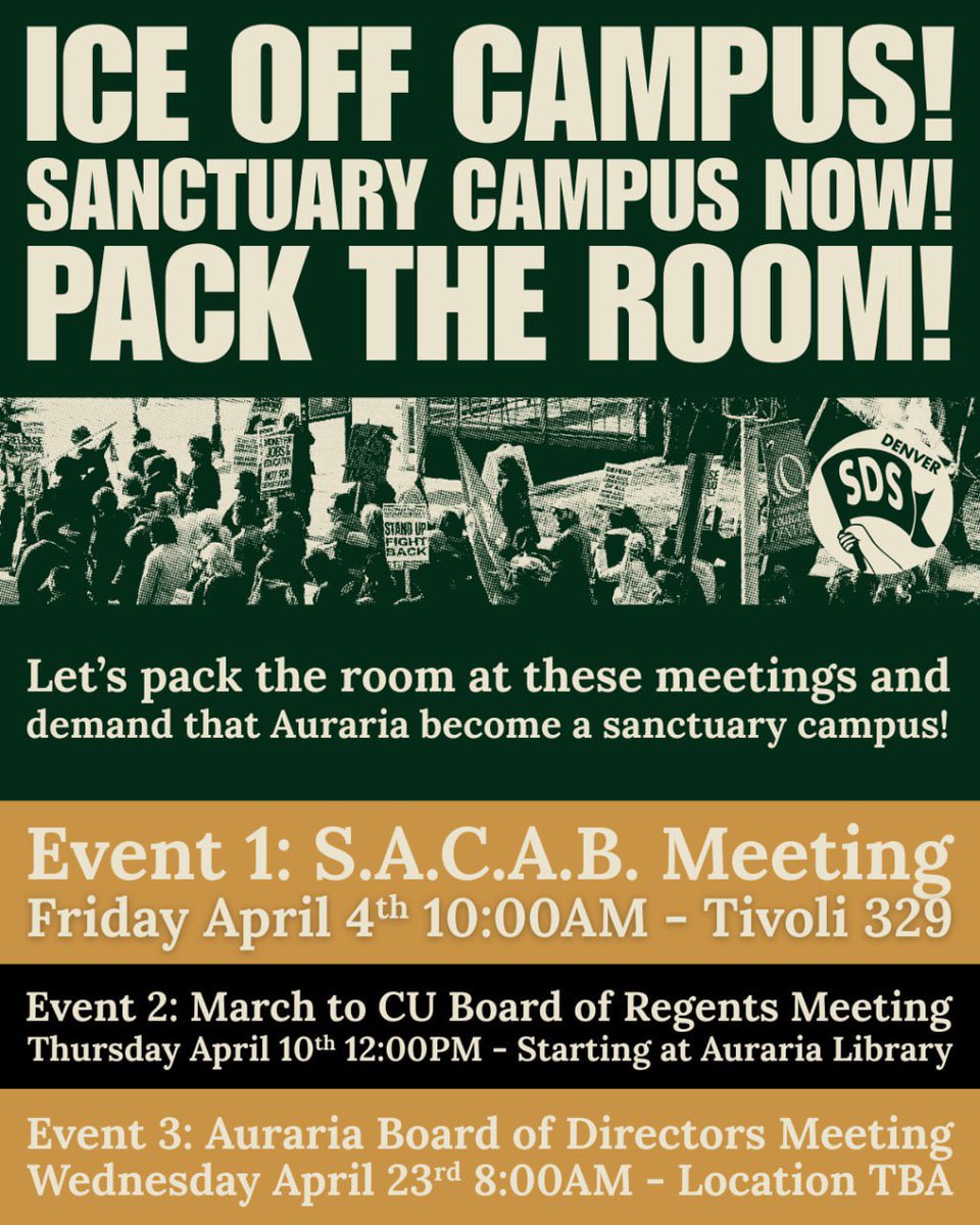 April is going to be a busy month for the struggle to ensure a sanctuary campus. Join SDS and coalition partners as we demand a sanctuary campus at the various meetings in the graphic below.

DATES IN THREAD