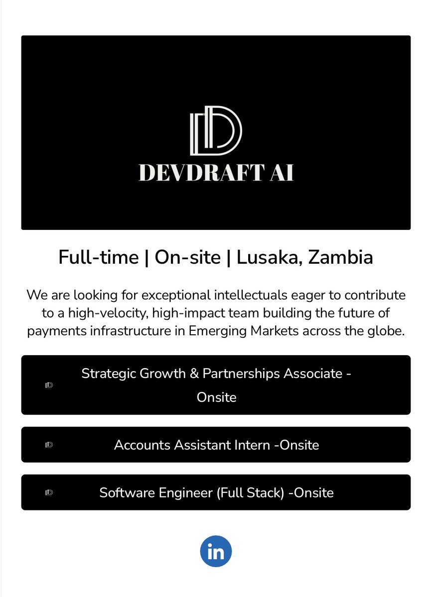 A Zambian friend of mine has been building a payment platform here in the USA in Silicon Valley.

He is part of the prestigious Y-Combinator. They’re now expanding &amp; setting up shop in Zambia. If you’re a Tech enthusiast, here are some open roles.

Apply!

qrcreator.com/qr/devdraftai