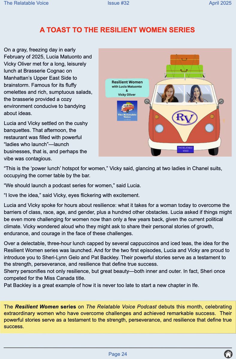 I am very excited to be co-hosting the Resilient Women series for Relatable Media with Lucia Matuonto. Our first two guests are the very models of resilience: Sheri-Lyn Gelo, who actually competed in the Miss Canada pageant, and author Pat Backley.
heyzine.com/flip-book/1ca8…