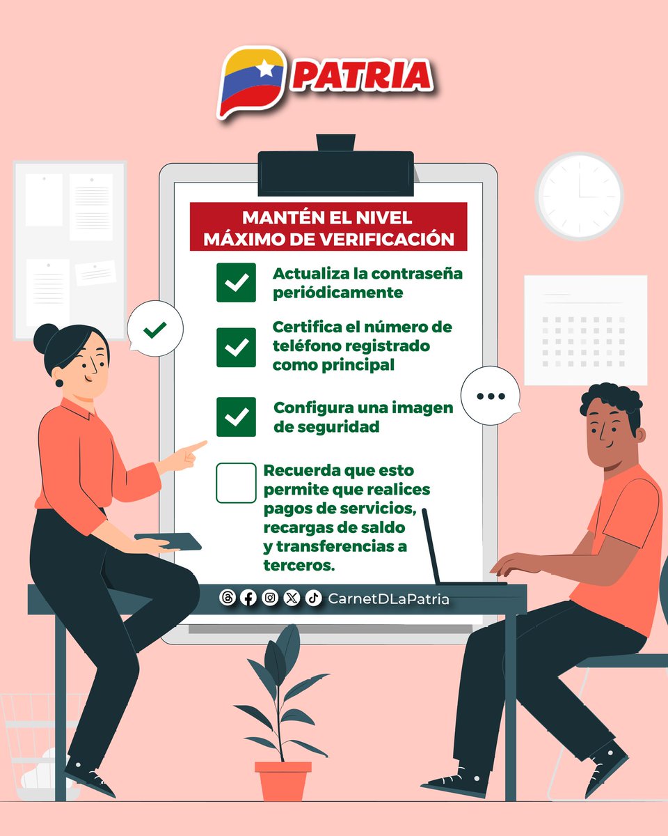#IMPORTANTE|| Estimad@s Usuari@s, es de suma importancia mantener al máximo el nivel de verificación de tu perfil de la #PlataformaPatria. 

Aquí te explicamos por qué👉🏼