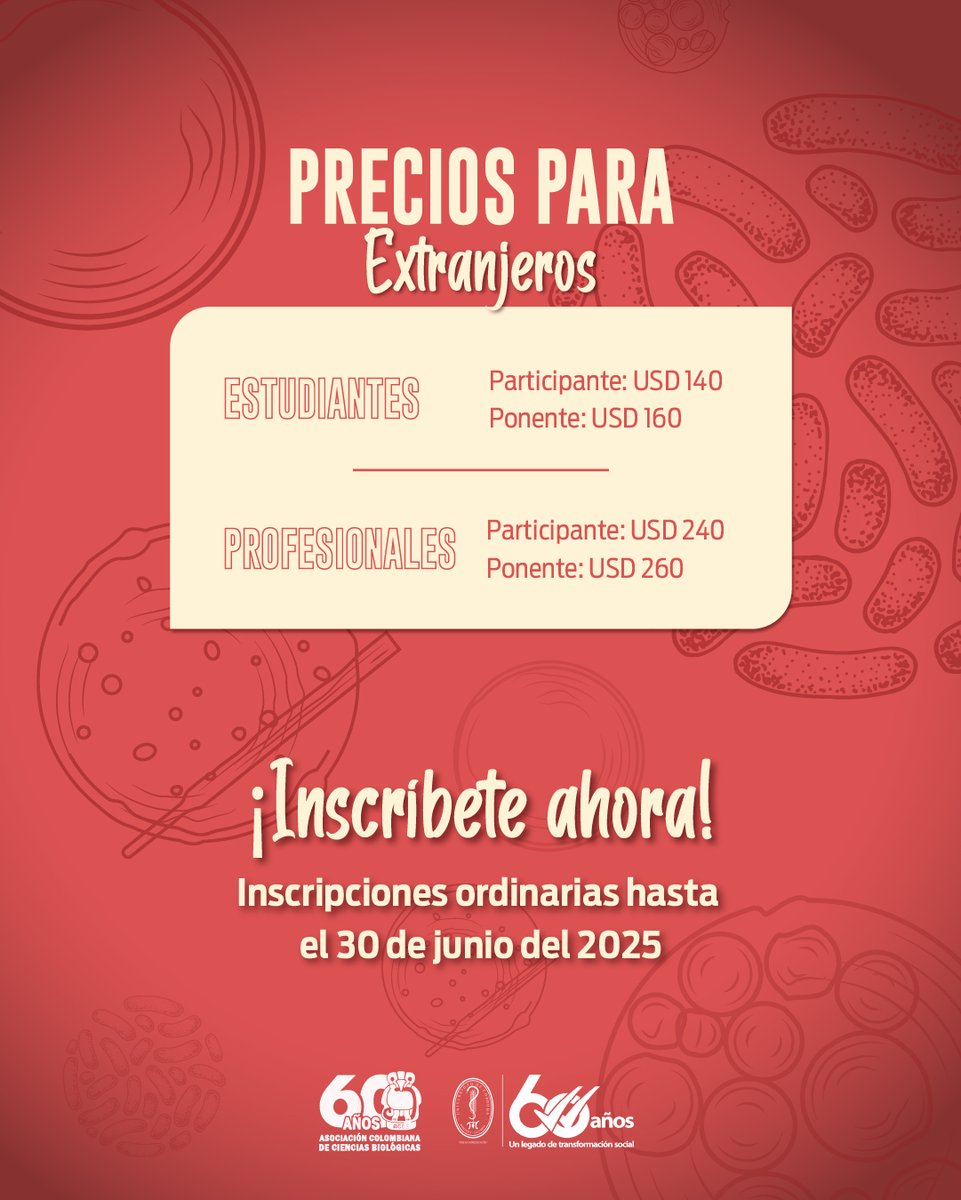🧬 ¡Inscripciones abiertas! Asegura tu cupo ahora

📩 Paga tu inscripción en Davivienda N°138270014812 (Asociación Colombiana de Ciencias Biológicas).

🔗Para más información escríbenos o ingresa a la pagina …ioncolombianadecienciasbiologicas.org
