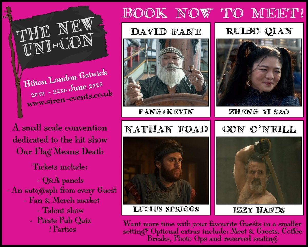 LOOK AT THIS LINE UP!  
The flash sale code payday-yayday is still valid to get 10% off. 
So get your tickets NOW and save money so you can buy ALL THE EPIC photo op combinations! 

siren-events.co.uk/the-new-uni-con

#TNUC #TheNewUniCon #OFMD #OurFlagMeansDeath #TNUCon