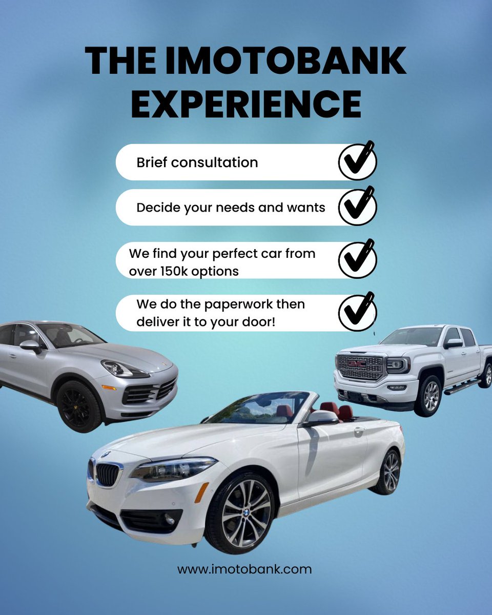 Imotobank's tweet photo. Our process is personal, not automated. We tailor the inventory to every customer's needs. This approach is quick, transparent, and stress-free. 
#cars #carbuying #lookingforinvestors #buyshares #sellcars #usedcars #automotive #carsofinstagram #invest #investsmart #carshopping https://t.co/9fxayWfHnV