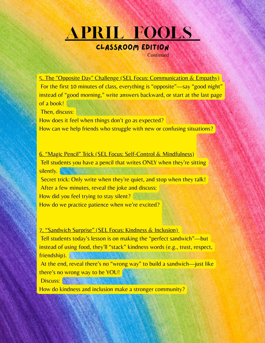 TheSandwichWay's tweet photo. 📢 Attention, Educators! 🎉

Tomorrow is April Fools’ Day, and we’ve got 7 fun, SEL-focused pranks that will bring laughter, learning, and engagement to your classroom! 🏫✨ #Teachers #FunEducation #AprilFoolsDay #SpringBreak #Elementaryfun😍😍😍 https://t.co/uAJRA7eFyt