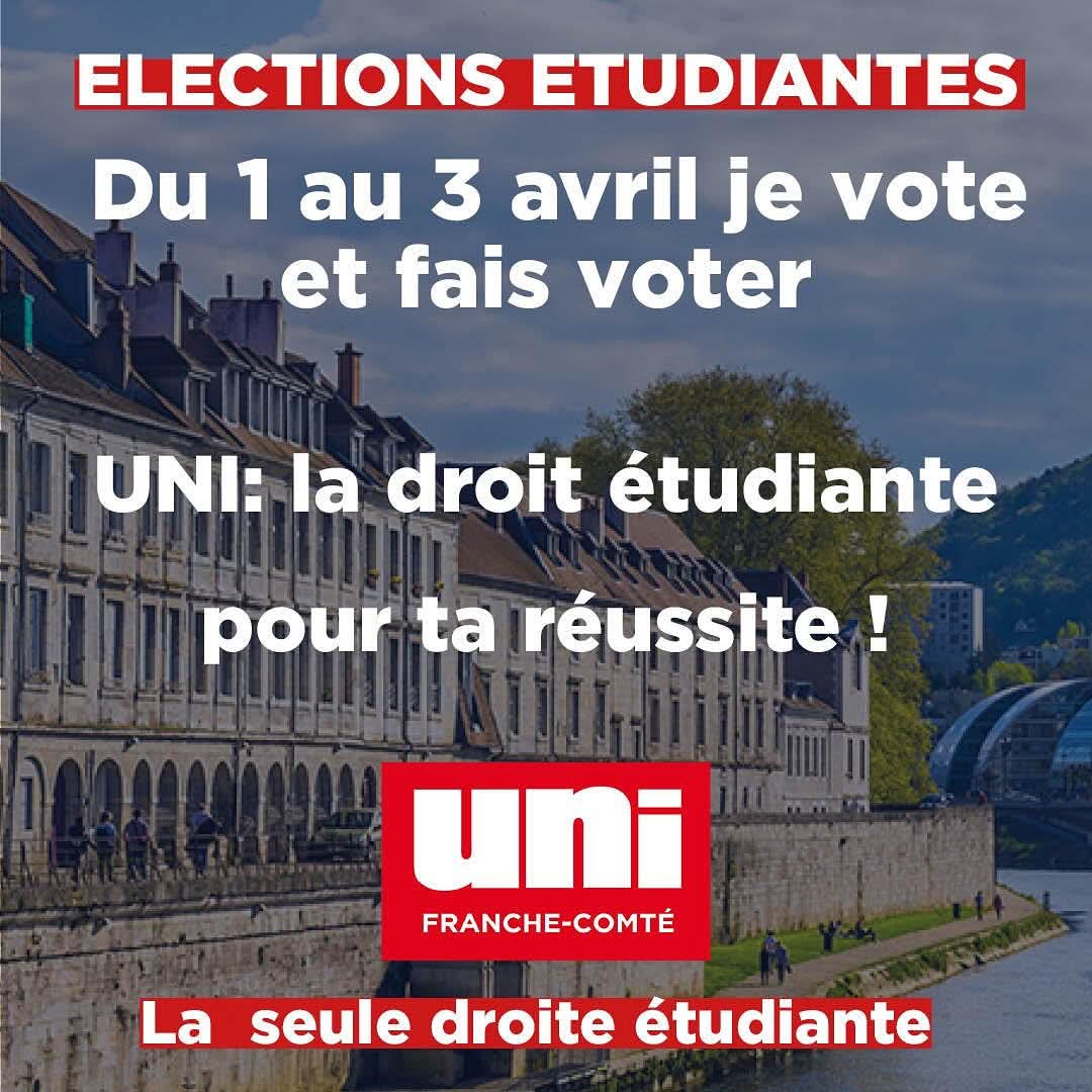 L’UNI se présente aux élections universitaires en Franche-Comté ! 🇫🇷

Face à l’extrême-gauche et son idéologie délirante, faites le choix du mérite, de l’excellence et de l’égalité des chances !