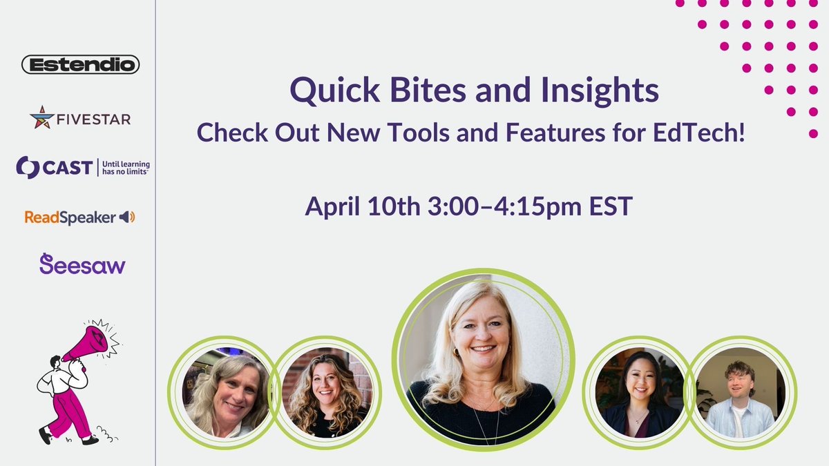 Join CAST on April 10th at 3pm EST for a free EdTech webinar featuring Estendio, Five Star Tech, ReadSpeaker &amp; Seesaw. Discover tools that support every learner—plus, live attendees can win prizes!

Register: bit.ly/edtech-demos