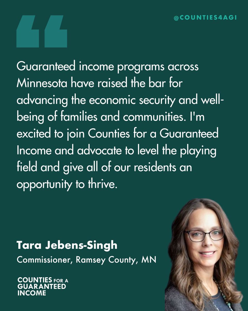This week, we're excited to keep the momentum around guaranteed income going in Ramsey County, Minnesota and welcome Commissioner <a href="/TaraJebensSingh/">Jebens-Singh for Ramsey County</a> to CGI! 🎉