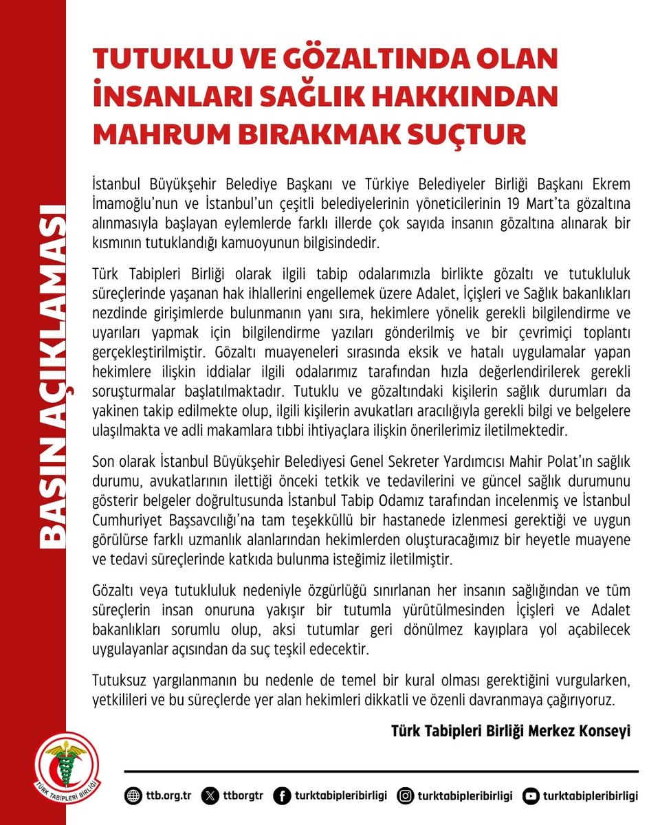 Tutuklu ve Gözaltında Olan İnsanları Sağlık Hakkından Mahrum Bırakmak Suçtur

İstanbul Büyükşehir Belediye Başkanı ve Türkiye Belediyeler Birliği Başkanı Ekrem İmamoğlu’nun ve İstanbul’un çeşitli belediyelerinin yöneticilerinin 19 Mart’ta gözaltına alınmasıyla başlayan eylemlerde