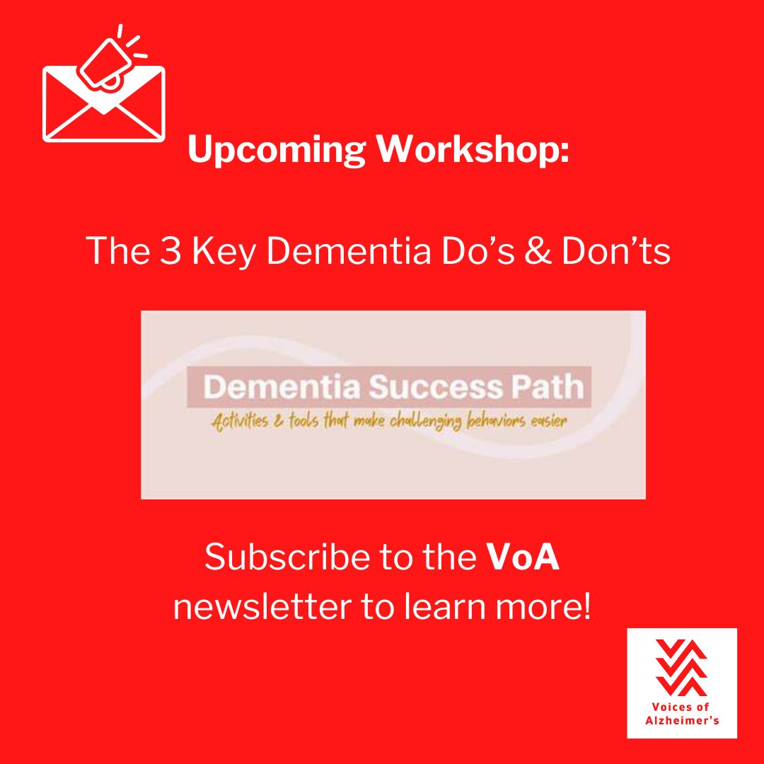 Dementia Success Path is hosting a free 3-day workshop in April, to help you navigate challenging behaviors with practical strategies that bring peace to your home.

Subscribe to the VoA newsletter to learn more and join!