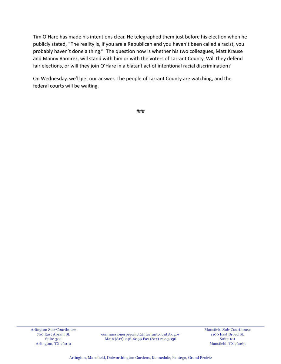 CommALSimmons's tweet photo. I will not stand by while extremists try to dismantle fair elections in Tarrant County. This illegal power grab is a direct attack on minority voters, and I’m calling it out for what it is—racial gerrymandering.

The people are watching. The courts will be waiting.