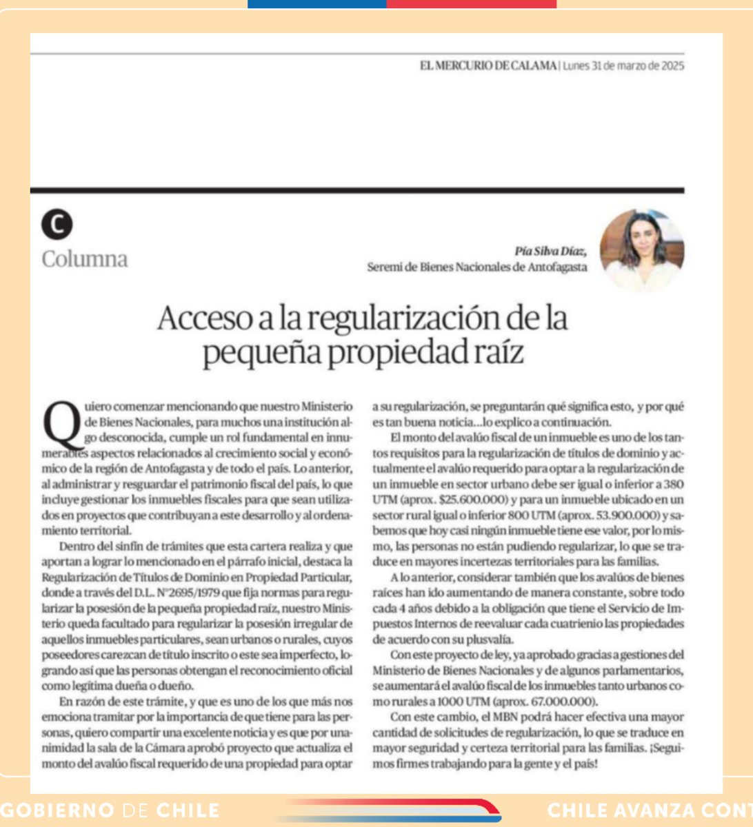 Mercurio de Calama publica columna de opinión de nuestra seremi Pía Silva Díaz, respecto a aprobación de proyecto de ley que actualiza el monto del avalúo fiscal requerido de una propiedad para optar a su regularización 💪👍.
