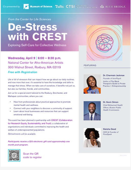 Register using the QR code below. This free event is a wonderful opportunity to interact with mental health/mental wellness experts, local vendors and other community members. It will be held at the National Center for Afro-American Artists, 300 Walnut St. Roxbury MA on April 9.