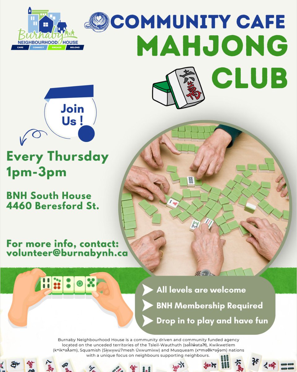 🎉 Do you love the game Mahjong? Or you want to learn how to play Mahjong?🀄️✨

Join us at the Community Café Mahjong Club every Thursday at BNH South House! All skill levels welcome – whether you're a beginner or a pro!

Drop in, play, and enjoy!🤩