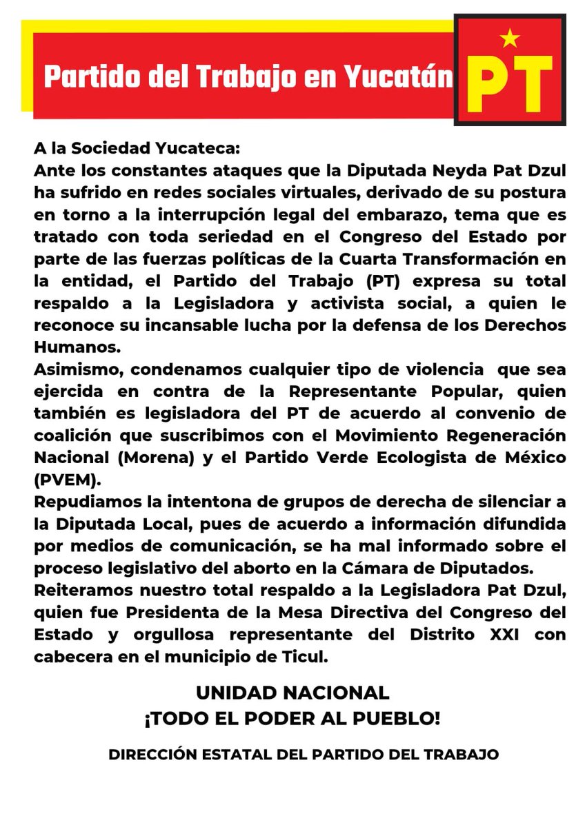 cobras_santiago's tweet photo. #Destacados #Entérate El @PTYucOficial en #Yucatán exige un alto a los ataques en contra de la Diputada por el Distrito XXI, Neyda Pat. https://t.co/6YTh24bUsr

La Dirección Estatal del @PTYUCATAN respalda y apoya a la Diputada Pat Dzul. https://t.co/8xUZ7Mvfyz