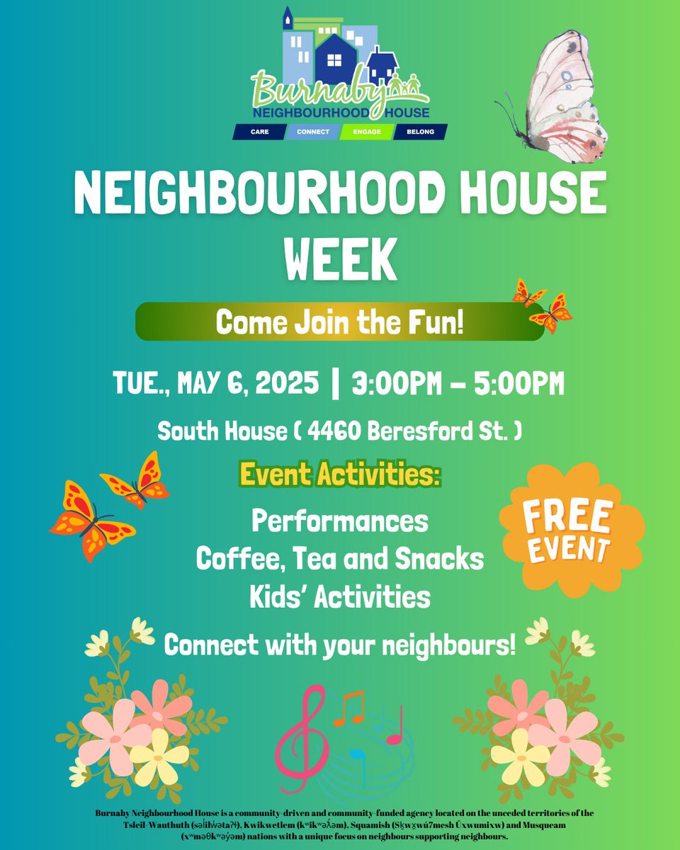 Join Us for Neighbourhood House Week! 🎉

We’re excited to invite YOU to our South House drop-in event on May 6, in celebration of Neighbourhood House Week! Come connect with your community and enjoy an afternoon of fun and connection. 🙌

📅 Save the date and join the fun!