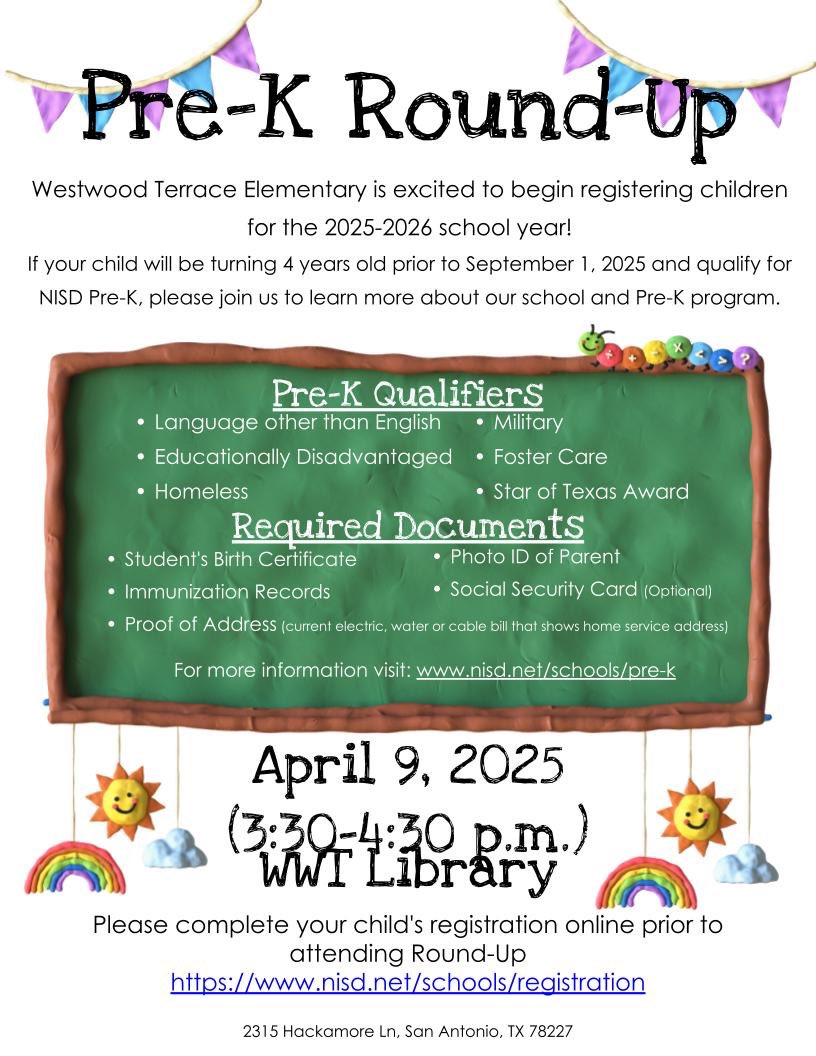Westwood Terrace ES (@nisdwwt) on Twitter photo Get ready, future Lil' Broncos! ๐ค  The PK RoundUp is stampeding your way to WestwoodTerrace Elementary! Mark your calendars because registration for Pre-K opens on April1st, 2025! ๐ But that's not all! Join us at our in-person event on April 9th, 2025, from 3:30PM to 4:30 PM. Get ready, future Lil' Broncos! ๐ค  The PK RoundUp is stampeding your way to WestwoodTerrace Elementary! Mark your calendars because registration for Pre-K opens on April1st, 2025! ๐ But that's not all! Join us at our in-person event on April 9th, 2025, from 3:30PM to 4:30 PM.