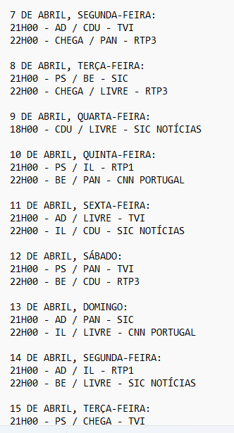 Dias dos debates: