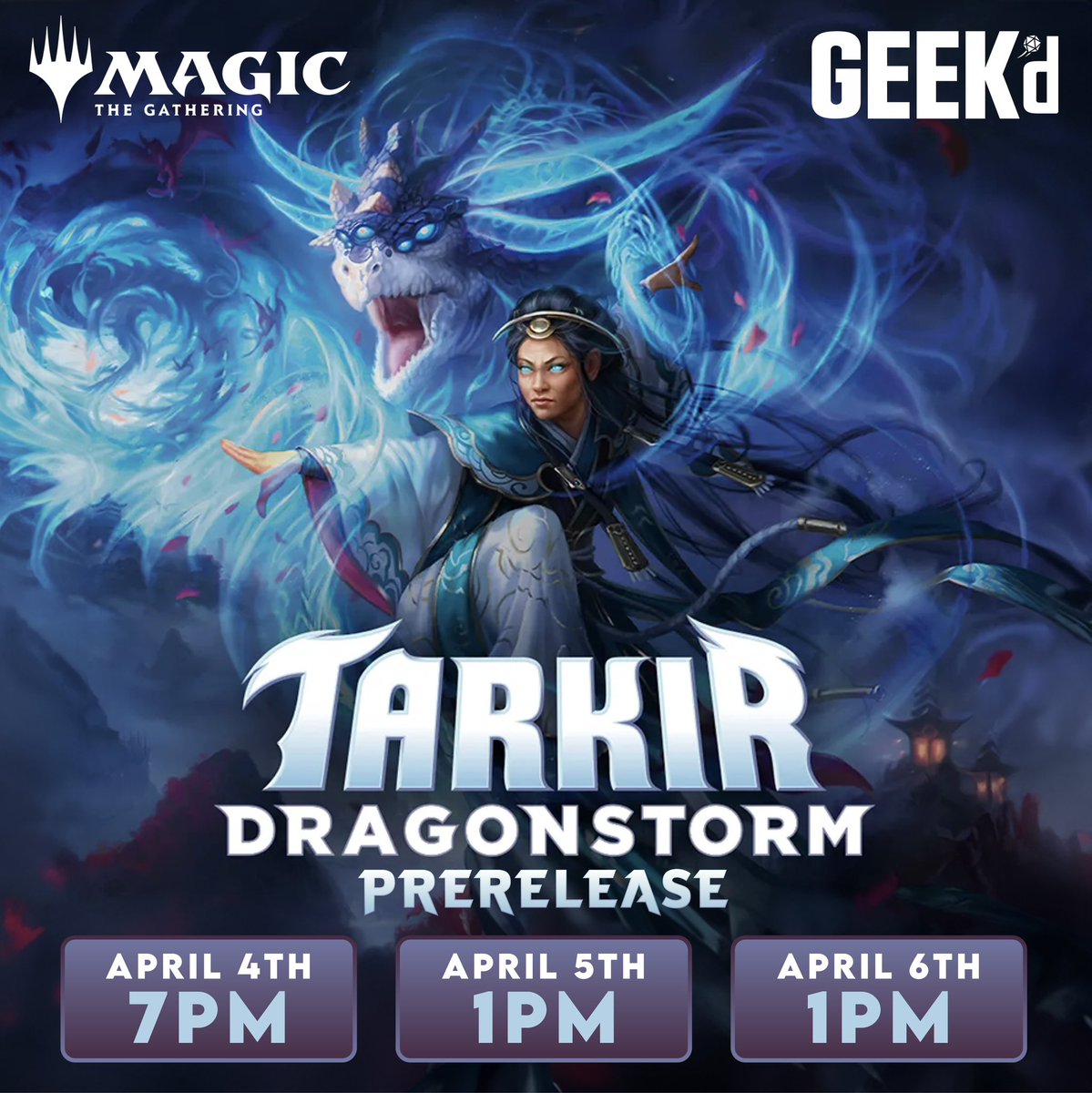 Experience the return of Tarkir at GEEK’d’s Dragonstorm Prerelease Weekend! Join us for epic battles on the 4th at 7PM, the 5th at 1PM, or grab a partner for Two-Headed Giant on the 6th at 1PM. Entry is $30 per person for a prerelease kit. Ready to face the storm? 🌩️