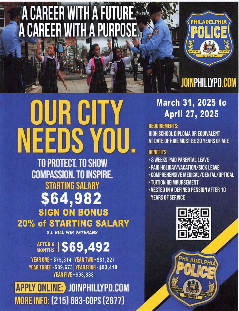 PPDRecruiting's tweet image. Today marks the beginning of your journey to a safer Philadelphia. This young man has risen to the challenge and will proudly join Class 415. Now it's your turn! Scan the QR Code and take the first step toward becoming part of the greatest profession on the planet. @PPDVJohnson