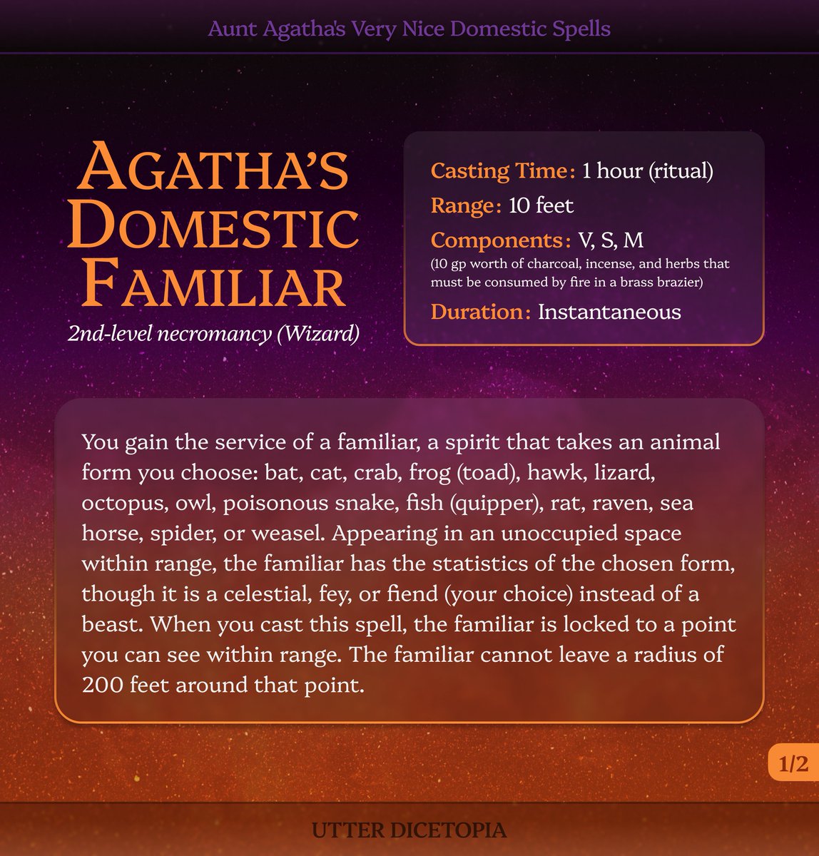 UtterDicetopia's tweet image. Presenting a new line of spells! Aunt Agatha is a powerful white witch of the upcoming Irum setting, and as winter gives way to spring she&apos;s treating you all to some cozy domestic incantations! Here comes the first one.