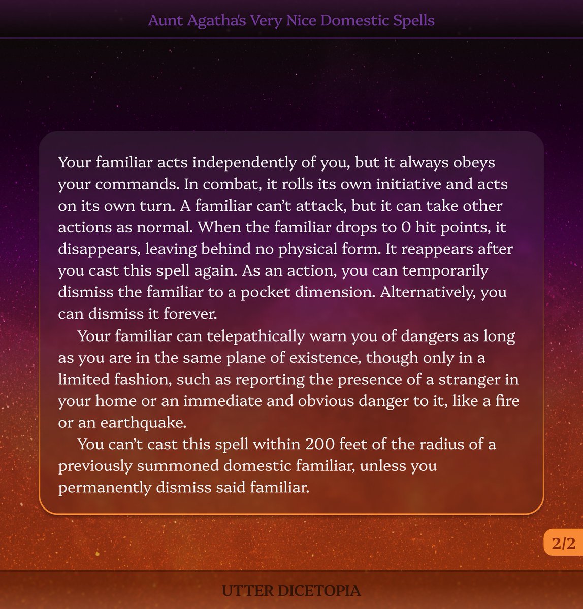 UtterDicetopia's tweet image. Presenting a new line of spells! Aunt Agatha is a powerful white witch of the upcoming Irum setting, and as winter gives way to spring she&apos;s treating you all to some cozy domestic incantations! Here comes the first one.