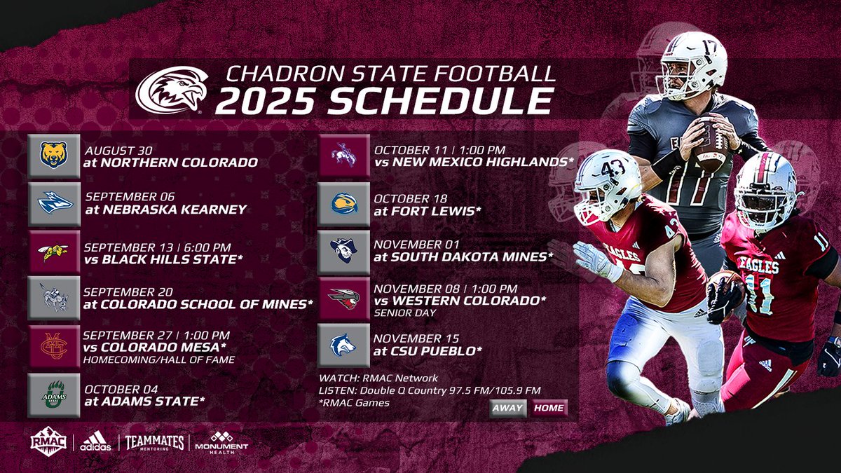 It's here, and it's locked in.

Presenting... the official Chadron State Eagles 2025 football schedule!

We'll see you all at Elliott Field at Don Beebe Stadium on September 13.