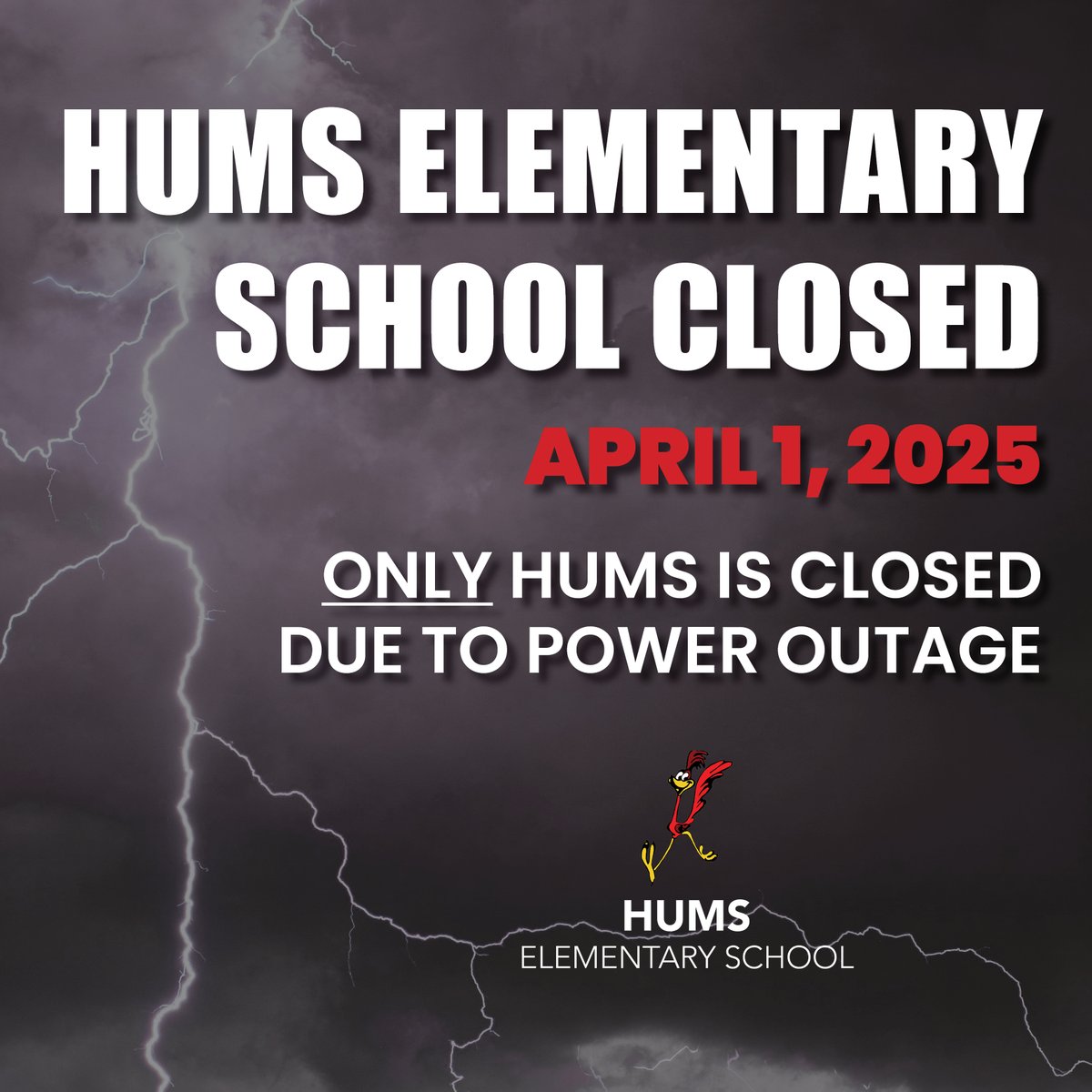 SCM Schools (@scmschools) on Twitter photo ATTENTION HUMS FAMILIES: Due to a continued power outage, Hums Elementary School will be CLOSED on Tuesday, April 1, 2025. Please note this closure is for Hums Elementary School ONLY. ATTENTION HUMS FAMILIES: Due to a continued power outage, Hums Elementary School will be CLOSED on Tuesday, April 1, 2025. Please note this closure is for Hums Elementary School ONLY.