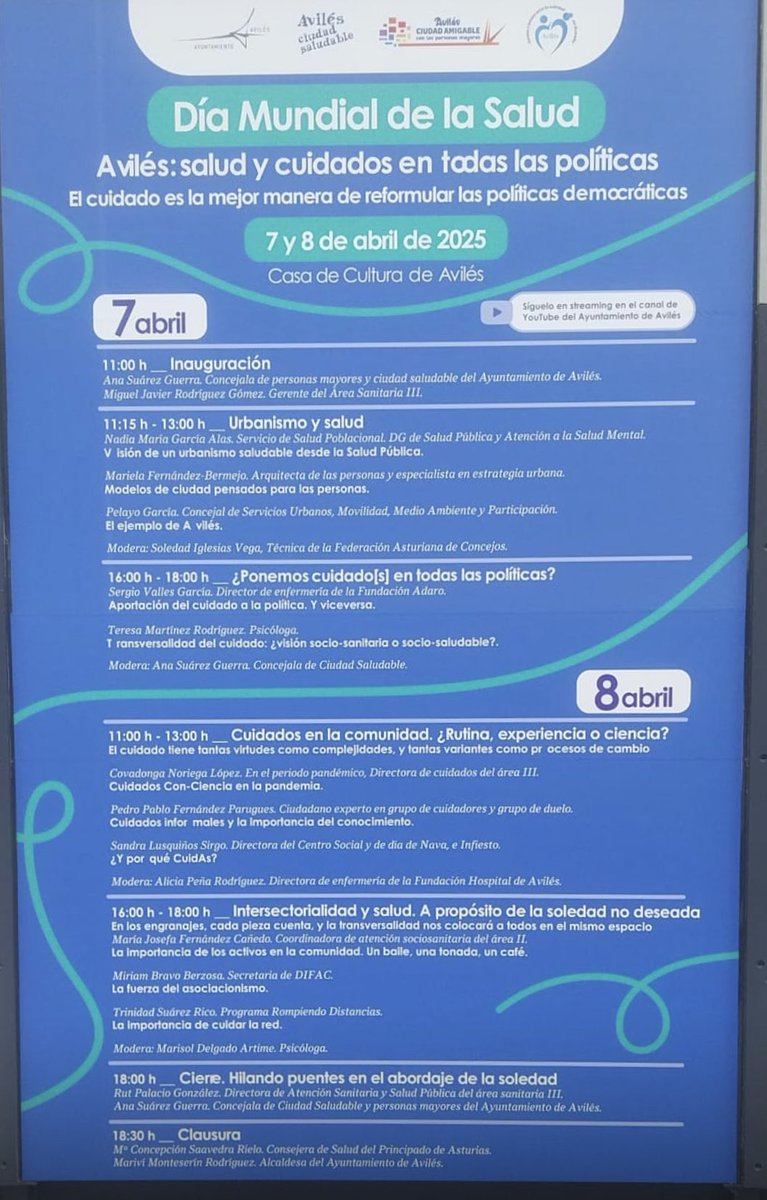 Avilés: salud y cuidados en todas las politicas.
🔈 Aquí tenéis los enlaces a las cuatro mesas.
Si puedes, ven! Lo mejor es el debate. 
Y lo más mejor, sin duda, es tu contribución: lo que tú puedas decir. 
Pero si se te hace difícil, o vives lejos, conéctate.

👇👇👇 (🧵)