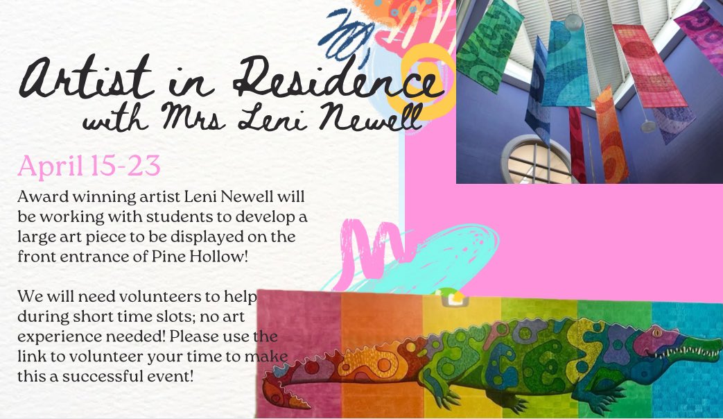 Award winning artist Leni Newell will be joining our Pilots from April 15-23 to help create a welcoming masterpiece to be displayed within the front entrance of Pine Hollow! Please consider donating your time to help make this a successful event. 
m.signupgenius.com/#!/showSignUp/…