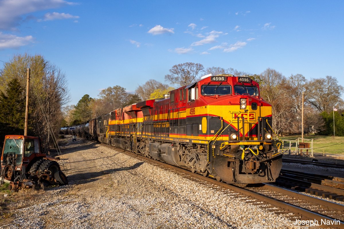 josephanavin's tweet photo. Two former Kansas City Southern #KCS locomotives lead #NS 6W4 southward through Ruffin, N.C. on March 26. In 2023, Canadian Pacific #CP bought KCS to create the Canadian Pacific Kansas City system, or #CPKC. https://t.co/XTBubjG420